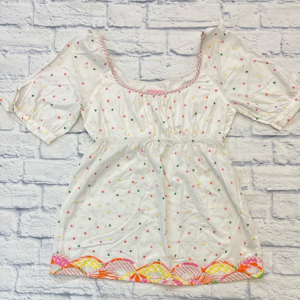 Lilly Pulitzer vintage polka dot print white shirt. Citrus colors/shapes sz 6.
